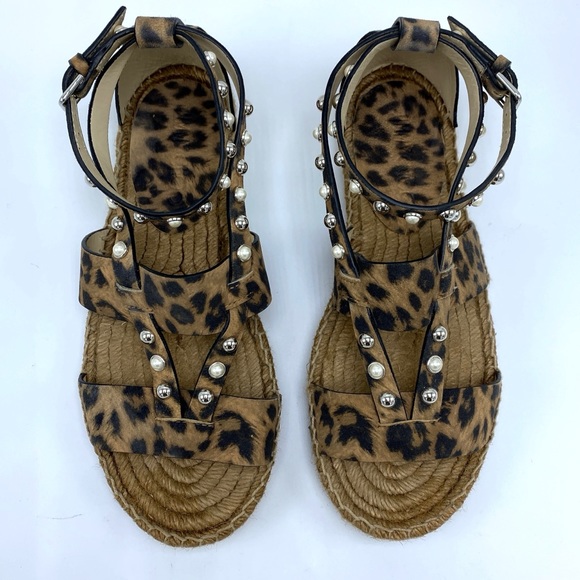 Jimmy Choo 7 Denise Pearl Embellished Leopard Print Leather Espadrille Sandals - Picture 4 of 11